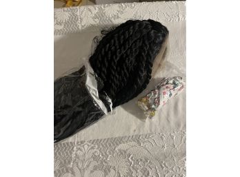 New Long Black Twists Wig With Floral Headband And Braid Clips See Photos Please