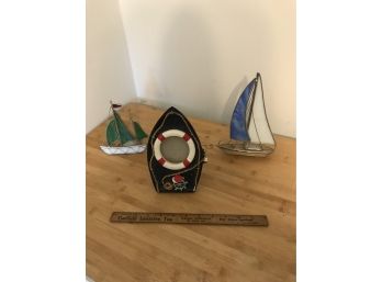 Nautical Lot Picture Frame And 2 Stained Glass Sail Boats