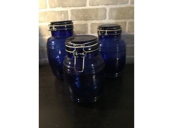 Cobalt Blue Glass Mason Jar Style Canisters  Cookies Flour Sugar