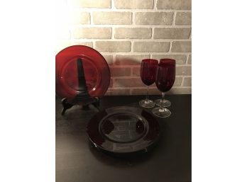 4 Red Glass Dinner Plates And 3 Hand Crafted Red Wine Glasses