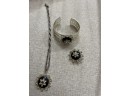 Pretty Set Of Black Silver And Rhinestones Necklace Pin And Bracelet See Photos