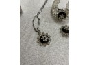 Pretty Set Of Black Silver And Rhinestones Necklace Pin And Bracelet See Photos