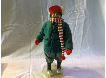 Vintage Porcelain Christmas Caroler Boy Wearing Green Jacket With Red Hat 12'