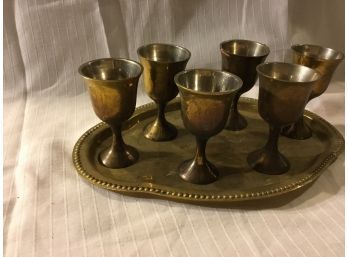Vintage LIQUEUR, CORDIAL, APERITIF Set-Brass Six Cups-Hammered Tray-Barware Made In India