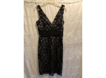 Moda Intl Evening/cocktail/weddingprom Dress Size 8, Black Lace Design Of Light Tan, Zippered Back