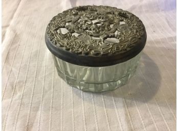 Victorian Ridged Glass Trinket Pot With Silver Floral Lid
