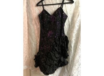 Alyce Designs Cocktail Dress,  Size 8, Zippered Back, Black & Purple Sequins, All Black Ruffles @ Bottom