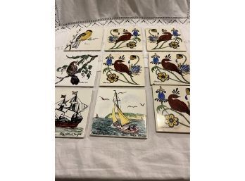 Lot Of 9 Tiles Trivets Birds Boats See Photos