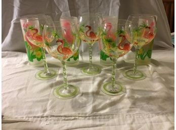 5 Home Essentials And Beyond Hand Painted Flamingo Wine Glasses And 4 Plastic Flamingo Iced Tea Glasses
