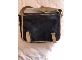 Carryall Shoulder Bag, Mail Carrier Type Bag, Dark Blue W/tan Accents, Large Zippered Front Pocket,
