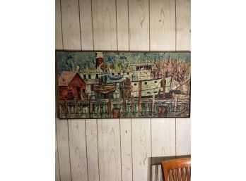 Large Abstract Painting On Linen L R Trowbridge Boat At Dock 45 X 22 See Photos