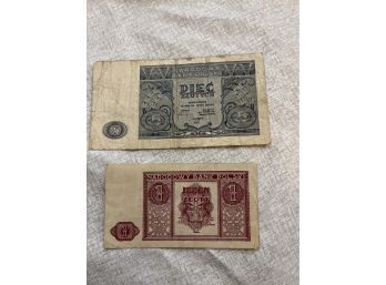 Lot Of 2 1946 Polish Paper Currency Money 1 & 5 See Photos