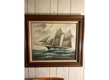 Stunning 1920s Oil On Canvas Signed Masted Schooner Nautical Ship Artwork 32x28 See Photos