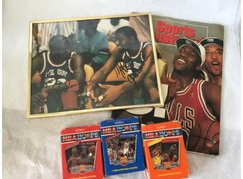 NBA Lot Michael Jordan Sports Illustrated, Signed Photo & 3 Hoops Series 1 Collect A Books