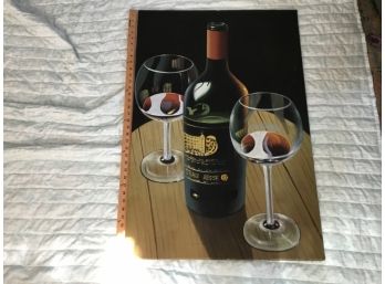 Large Painting Signed Bottle Of Red Wine With 2 Glasses Canvas