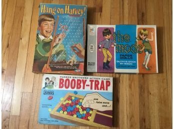 Lot Of 3 Vintage Board Games Hang On Harvey, The Mods Paper Dolls & Booby Trap