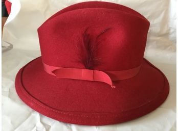 Womens Vintage 1950s Geo W BOLLMAN Hat With Feather Doeskin 100 Wool - Maroon