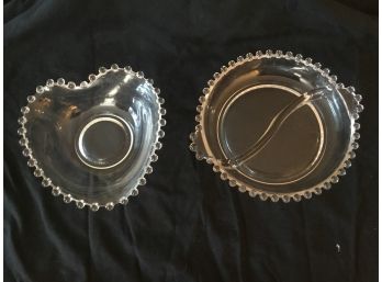 Set Of 2 Vintage Imperial Candlewick Glass Candy Nut Dish Bowl Heart & Divided