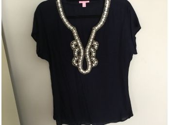 Lilly Pulitzer Resort Top Beaded Shirt Navy Blue Size Small