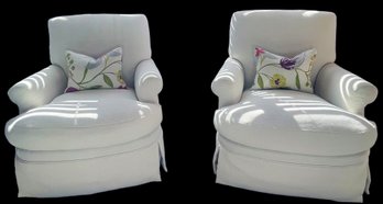 DESIGNER SWIVEL CHAIRS- Pair, Reupholstered In Off White Fabric