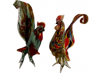 2- Vintage Blown Glass Art Colorful Barn Rooster