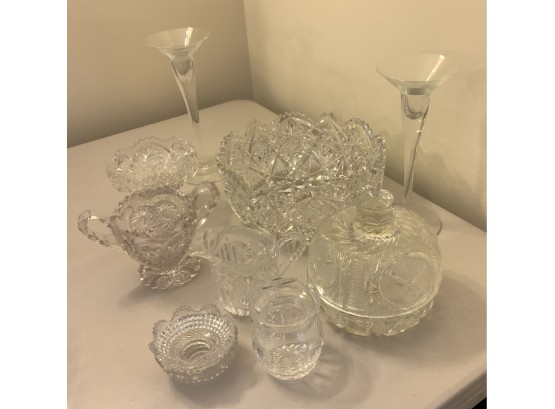 CUT GLASS BOWL (rim Chips), 9” SUGAR, ORREFORS 8 1/2” CANDLE STANDS, CRYSTAL