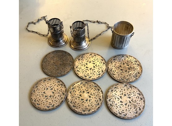STERLING SILVER .87 Troy Oz GARBAGE CAN, 2 STERLING HOLDERS ON CHAIN 1.33 Troy Ozs, 6 WHITING GLASS COASTERS