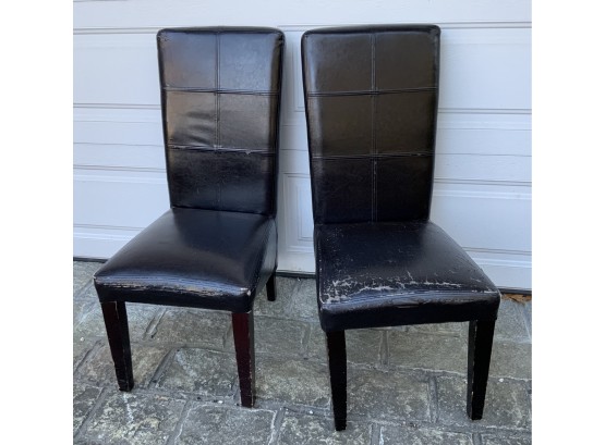 PAIR FAUX BLACK LEATHER SHABBY CHIC SIDE CHAIRS  40” H