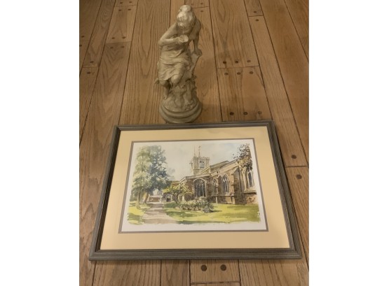 ST ANDREWS CHURCH PRINT FRAMED & 17” NYMPH W/ SEA SHELL STATUE