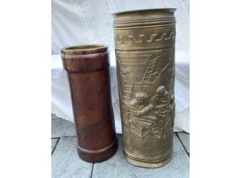 UMBRELLA STANDS- LEATHER 20 1/2”h FROM ENGLAND  & BRASS  25” H