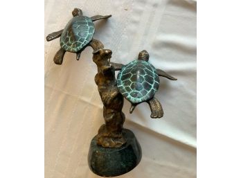 2 TURTLE BRONZE STATUE ON MARBLE BASE 11 1/2” H