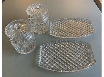 2 WATERFORD COVERED 7” JARS  & 2 PATTERN GLASS TRAYS