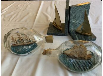 2 SHIPS IN BOTTLES & ANCHOR MARBLE BOOKENDS