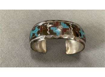 NAVAJO STERLING SILVER CUFF INLAID TURQUOISE & CORAL BRACELET MARKED B LAWRENCE BACA