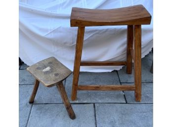 ANTIQUE MILK STOOL  & CONTEMPORARY MORTISED BENCH