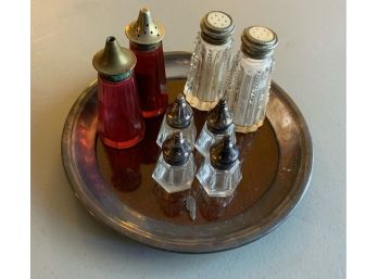 3 PAIR SALT & PEPPER SHAKERS ON SILVERPLATE & MAHOGANY TRAY