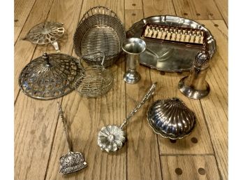 SILVER PLATE LOT- SHAKER-BASKET-KIDDISH CUP-2 PR DECORATED TONGS