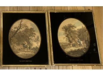 PAIR 19th C ENGLISH COUNTRYSIDE HAND COLORED ENGRAVINGS “HAPPY MEETING” & “BENEVOLENT”