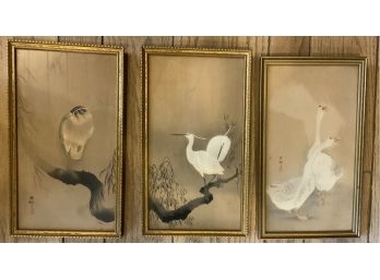 3 SIGNED JAPANESE BIRD WATERCOLORS UNDER GLASS 8 3/4” X 13 5/8”