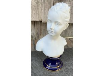 LIMOGES PARIAN YOUNG GIRL BUST ON BLUE GLAZED PEDESTAL “THARAUD”16”H