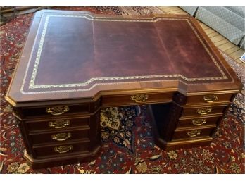 MAHOGANY COFFEE TABLE  TOOLED LEATHER TOP CONTEMPORARY “pARTNERS DESK”