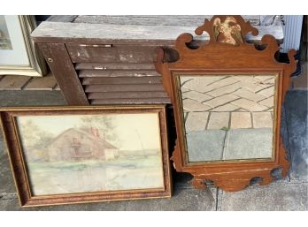 EARLY MAHOGANY CHIPPENDALE MIRROR (as Found) & SIGNED HOUSE ON THE WATER PICTURE
