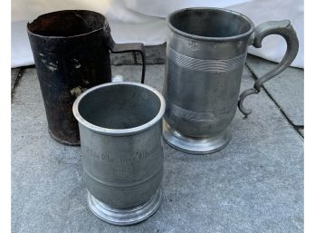 2 PEWTER HALLMARKED MUGS- ‘Ye Olde Cheshire Cheese 1667' & A IRON CUP