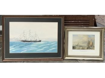 WATERCOLOR CLIPPER SHIP & FRAMED SHIP OFF THE MOUTH OF SHELD PRINT