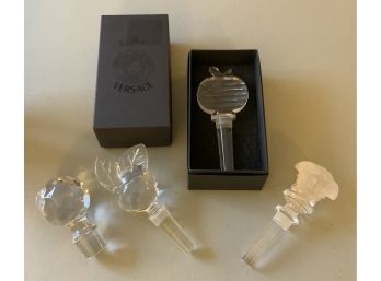 2 VERSACE CRYSTAL BOTTLE STOPPERS W/BOXES, FROSTED & FACETED STOPPERS