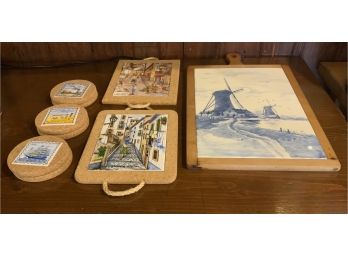 LARGE DUTCH WINDMILL TILE-PORTUGUESE TRAYS & 6 COASTERS With CORK