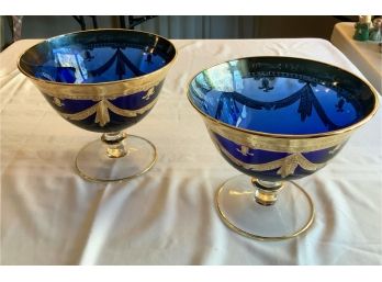 PAIR COBALT BLUE GLASS GOLD DECORATED PEDESTAL FRUIT BOWLS COMPOTES 8”