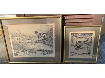 2 SIGNED POINTERS HUNTING DOGS ENGRAVINGS WJ SCHALDACH