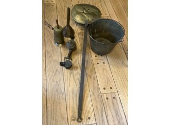 EARLY LAMPS, BED PAN, KNIVES,  BRANDING IRON & #2 COPPER POT