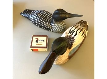 2 DECOYS HAND PAINTED 19 1/2” & DUCK COASTERS